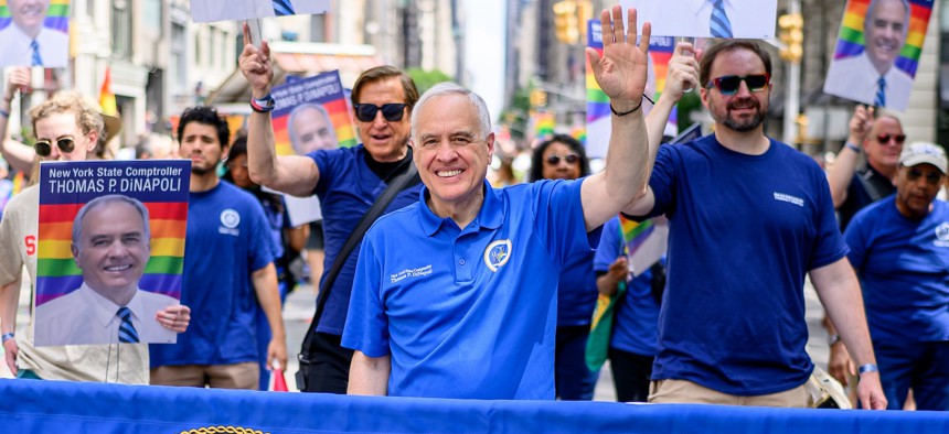 State Comptroller Tom DiNapoli had a lot to smile about after defeating his first-ever primary challengers handily. 