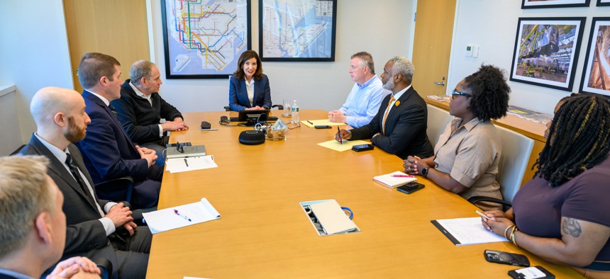 Gov. Kathy Hochul is briefed on the LIRR strike at MTA Headquarters on May 18, 2026.