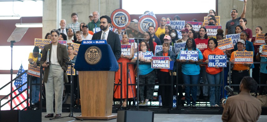 Mayor Zohran Mamdani announces his Block by Block housing program on May 26, 2026.