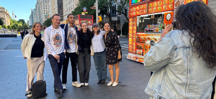 Mamdani adviser Morris Katz, second from left, with Fight Agency colleagues after watching Zohran Mamdani cast a ballot in the Democratic primary election on June 20, 2026.