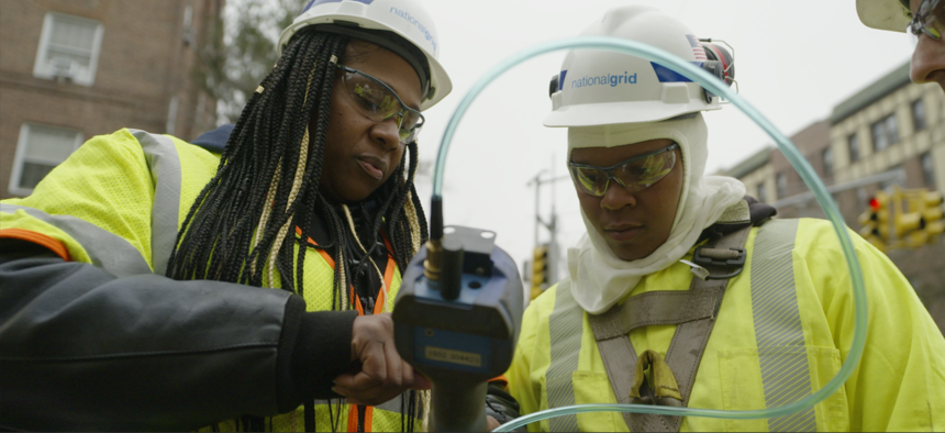 At a training in Queens, a National Grid worker learns how to check for gas line leaks to ensure safe, reliable service.