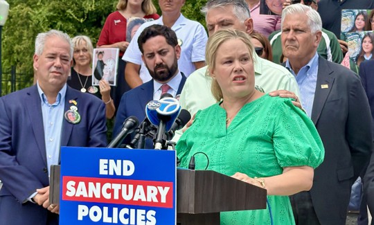 Jessica Gorman, mother of Sheridan Gorman, speaks at a Yorktown event with Nassau County Executive Bruce Blakeman and Rep. Mike Lawler.