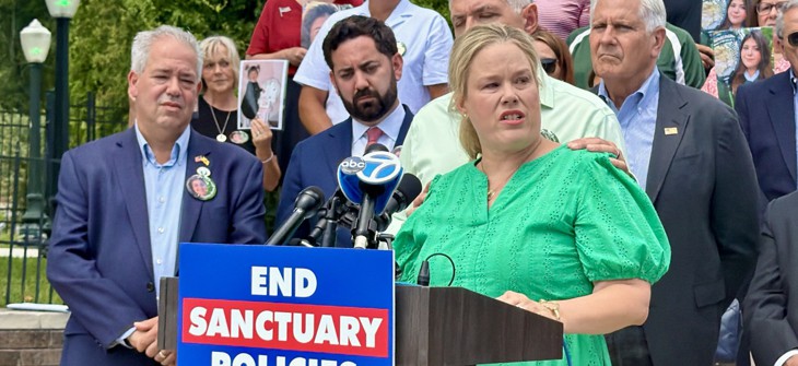 Jessica Gorman, mother of Sheridan Gorman, speaks at a Yorktown event with Nassau County Executive Bruce Blakeman and Rep. Mike Lawler.