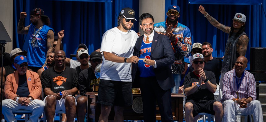 Knicks star Jalen Brunson and New York City Mayor Zohran Mamdani celebrate the team’s championship. 