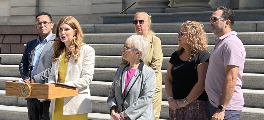 City Council Speaker Julie Menin, City Council colleagues and advocates announced a new review of e-bike and e-scooter safety on City Hall steps Tuesday.