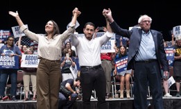 Rep. Alexandria Ocasio-Cortez, left, and U.S. Sen. Bernie Sanders, right, campaign with Abdul El-Sayed in Detroit on July 18, 2026.