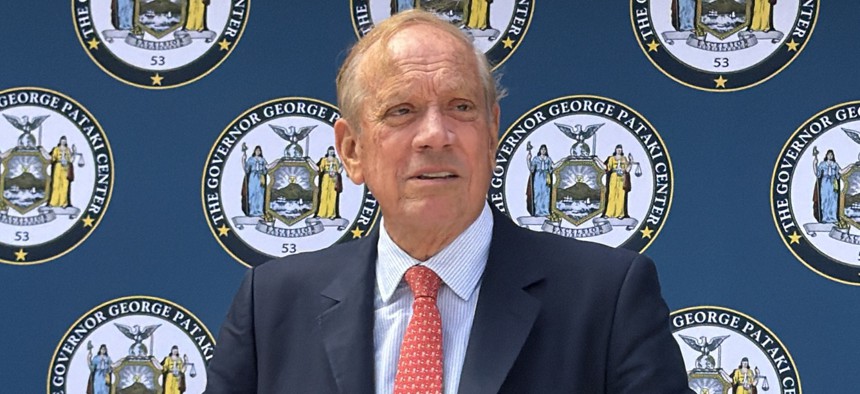 Former Gov. George Pataki returned to Albany on Wednesday.
