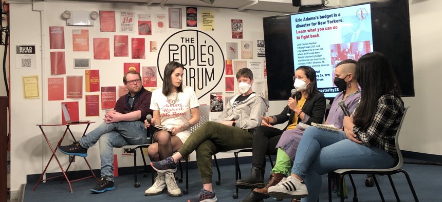 A 2023 event at The People’s Forum featured City Council Member Tiffany Cabán and others discussing Mayor Eric Adams’ “austerity budget.”