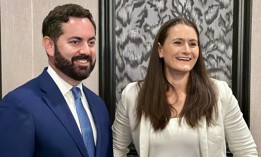 Rep. Mike Lawler and Democrat Cait Conley were not allowed to address each other during Wednesday’s Dutchess County Chamber of Commerce forum, but stood together for a photo afterward.