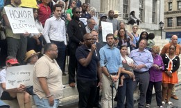 (L to R) District leaders Julio Peña III, Akel Williams, state Sen. Andrew Gounardes, district leader Ilyssa Meyer, congressional candidate Brad Lander, Assembly Member Jo Anne Simon and more Brooklyn Democrats rallied against proposed rules changes outside Brooklyn Borough Hall Monday.