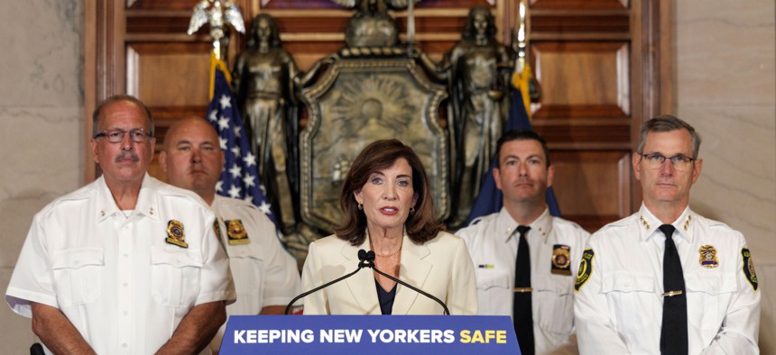 Gov. Kathy Hochul touted the implementation of a law banning local cooperation with U.S. Immigration and Customs Enforcement. 