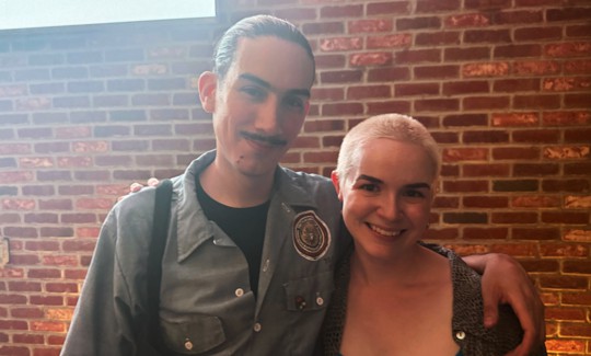 NYC-DSA co-chairs Gustavo Gordillo and Grace Mausser at Zohran Mamdani’s mayoral primary election watch party in 2025. 