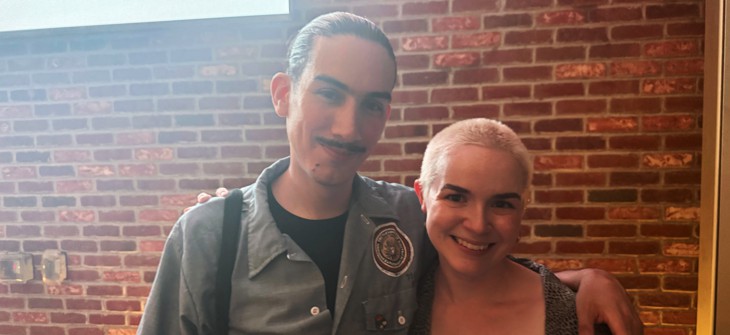 NYC-DSA co-chairs Gustavo Gordillo and Grace Mausser at Zohran Mamdani’s mayoral primary election watch party in 2025. 