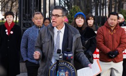PSC-CUNY President James Davis speakers at a Dec. 12, 2023 presser calling for an end to Columbia and NYU’s property tax exemptions