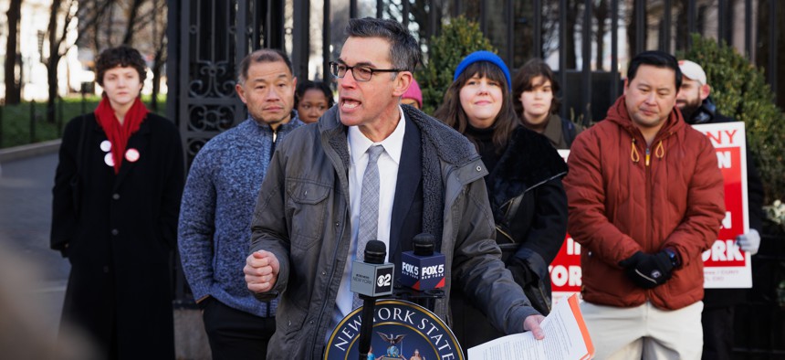 PSC-CUNY President James Davis speakers at a Dec. 12, 2023 presser calling for an end to Columbia and NYU’s property tax exemptions