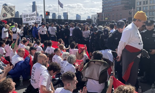 New York City police officers arrest dozens at pro-Palestintian protest outside United Nations, where Israeli Prime Minister is scheduled to make an address Thursday.
