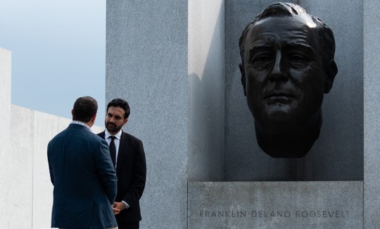 New York City Mayor Zohran Mamdani and PBS journalist Alexander Heffner at Franklin D. Roosevelt Four Freedoms Park on Roosevelt Island.