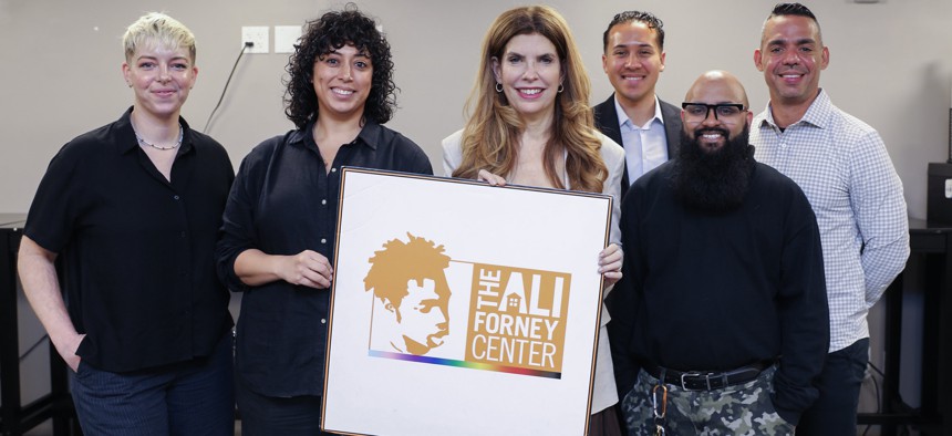 New York City Council Speaker Julie Menin, center, visits the Ali Forney Center on May 4, 2026.