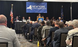 Gov. Kathy Hochul delivered remarks during the state Democratic Party’s meeting in Tarrytown. 
