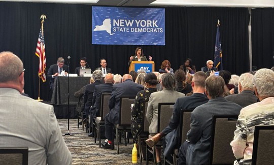 Gov. Kathy Hochul delivered remarks during the state Democratic Party’s meeting in Tarrytown. 