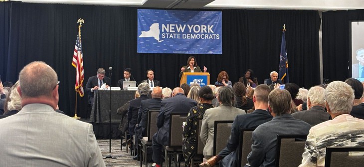 Gov. Kathy Hochul delivered remarks during the state Democratic Party’s meeting in Tarrytown. 