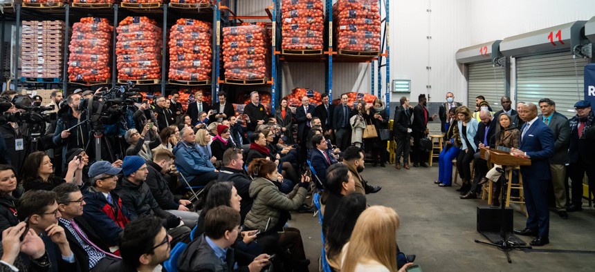 Former Mayor Eric Adams holds a press conference at the Hunts Point Produce Market on March 10, 2022.
