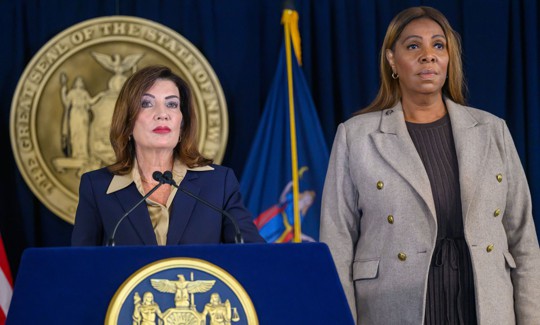 Gov. Kathy Hochul, joined by state Attorney General Letitia James, announces new efforts to address the “voluntary intoxication loophole” in the state’s rape law following the alleged gang rape at Cornell University.
