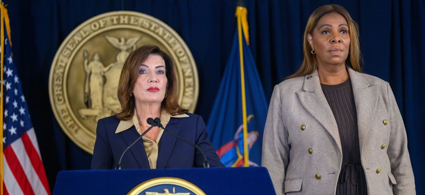 Gov. Kathy Hochul, joined by state Attorney General Letitia James, announces new efforts to address the “voluntary intoxication loophole” in the state’s rape law following the alleged gang rape at Cornell University.