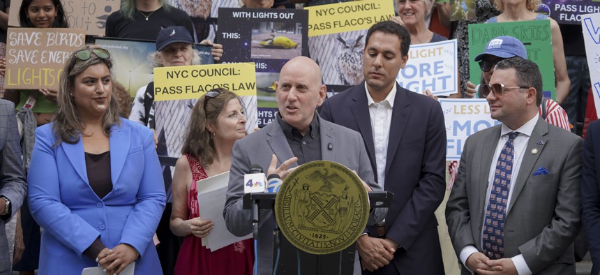 New York City Council Member Harvey Epstein speaks at a press conference in support of legislation protecting wild birds.
