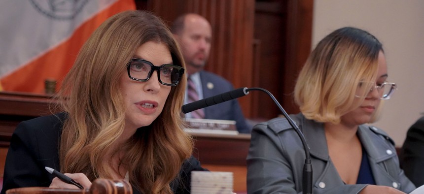 New York City Council Speaker and Council Member Carmen De La Rosa question representatives of leading AI companies at a council hearing on Oct. 5, 2026.