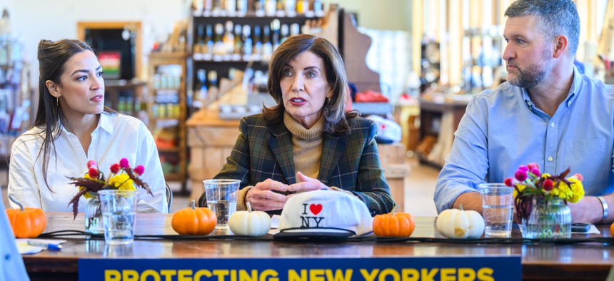 Gov. Kathy Hochul and Reps. Alexandria Ocasio-Cortez and Pat Ryan put on their best farm business attire for the Hopewell Junction appearance.