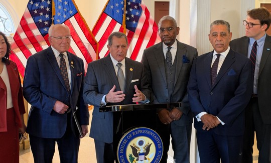 Democratic Reps. Grace Meng, Paul Tonko, Joseph Morelle, Greg Meeks and  Adriano Espaillat, and the Legal Defense Fund’s John Cusick at a press conference following the shadow hearing on election security in Queens. 