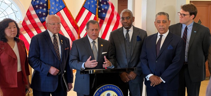 Democratic Reps. Grace Meng, Paul Tonko, Joseph Morelle, Greg Meeks and  Adriano Espaillat, and the Legal Defense Fund’s John Cusick at a press conference following the shadow hearing on election security in Queens. 