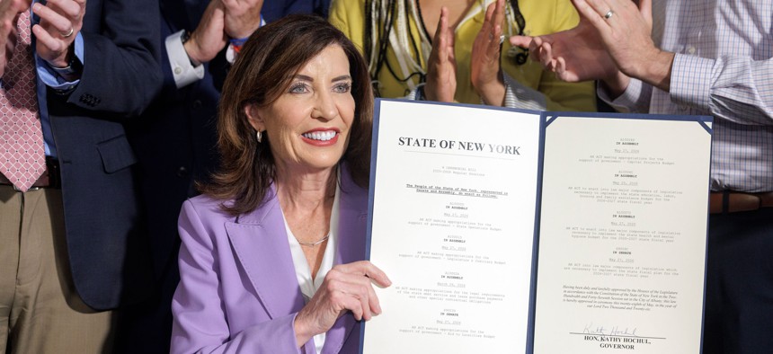 Gov. Kathy Hochul at a stop celebrating the budget