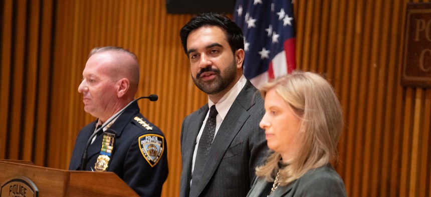 New York City Mayor Zohran Mamdani and New York City Police Commissioner Jessica Tisch announcing crime statistics in October 2026.
