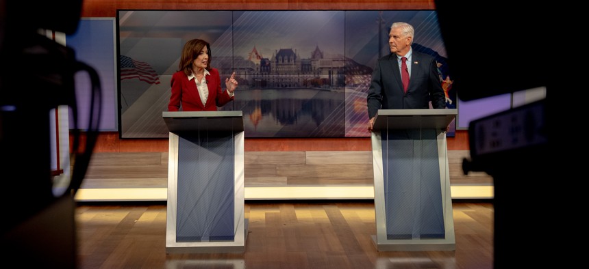 Gov. Kathy Hochul and Nassau County Executive Bruce Blakeman faced off in the sole gubernatorial debate on Oct. 13.