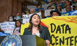 State Sen. Kristen Gonzalez speaks at a press conference about an AI data center moratorium on Oct. 13, 2026.