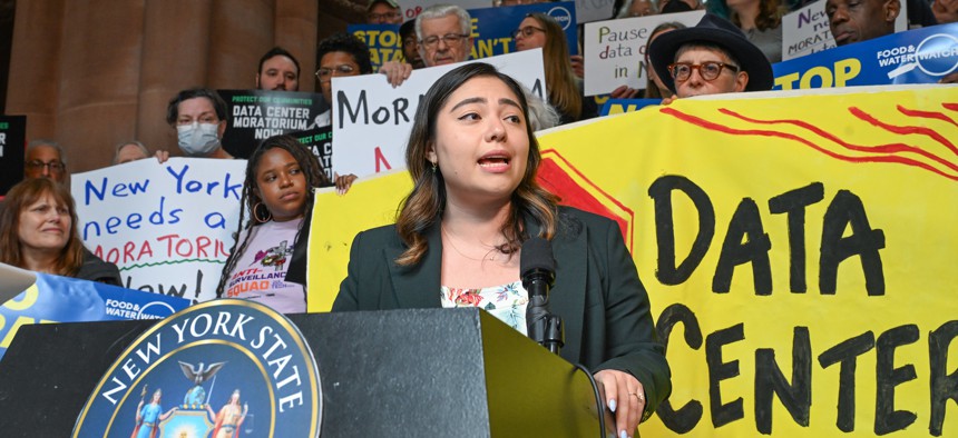 State Sen. Kristen Gonzalez speaks at a press conference about an AI data center moratorium on Oct. 13, 2026.