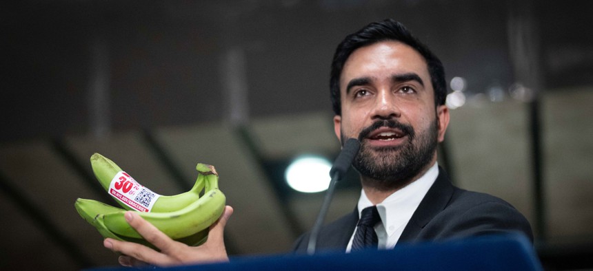 New York City Mayor Zohran Mamdani at a press conference in July 2026 on municipal grocery stores.