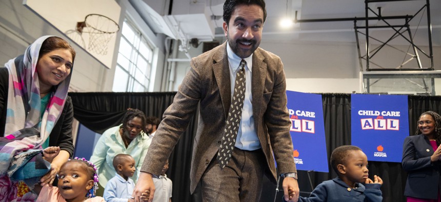 New York City Mayor Zohran Mamdani at separate a childcare announcement in October 2026.