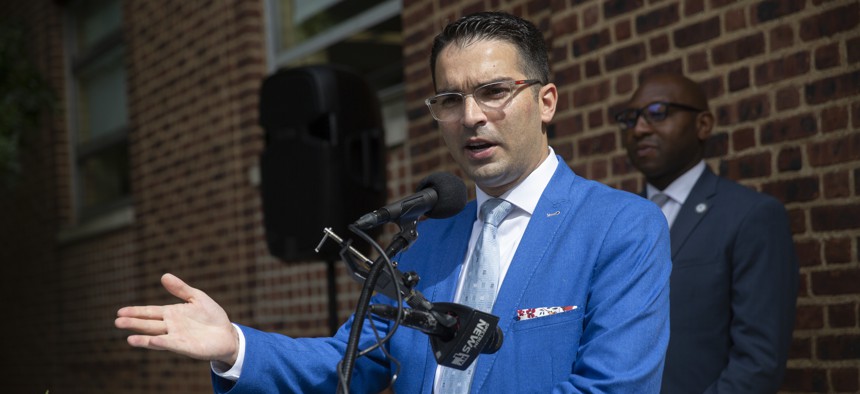 Then-New York City Council Member Eric Ulrich, announces renovations at Woodhaven Library on September 22, 2021.