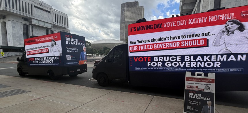 Strong and Safe New York, an independent expenditure committee supporting Nassau County Executive Bruce Blakeman for governor, recently paid for anti-Gov. Kathy Hochul moving trucks to park outside the Capitol.