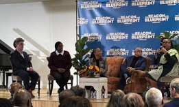 One of the panels at Tuesday’s podcast taping featured Council Members Lincoln Restler, Nantasha Williams, former First Deputy Mayor Sheena Wright, former New York City Schools Chancellor David Banks and Assembly Member Alicia Hyndman.