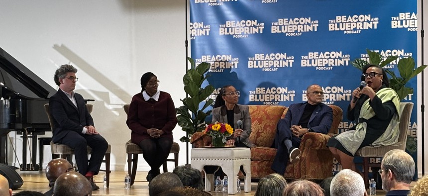 One of the panels at Tuesday’s podcast taping featured Council Members Lincoln Restler, Nantasha Williams, former First Deputy Mayor Sheena Wright, former New York City Schools Chancellor David Banks and Assembly Member Alicia Hyndman.