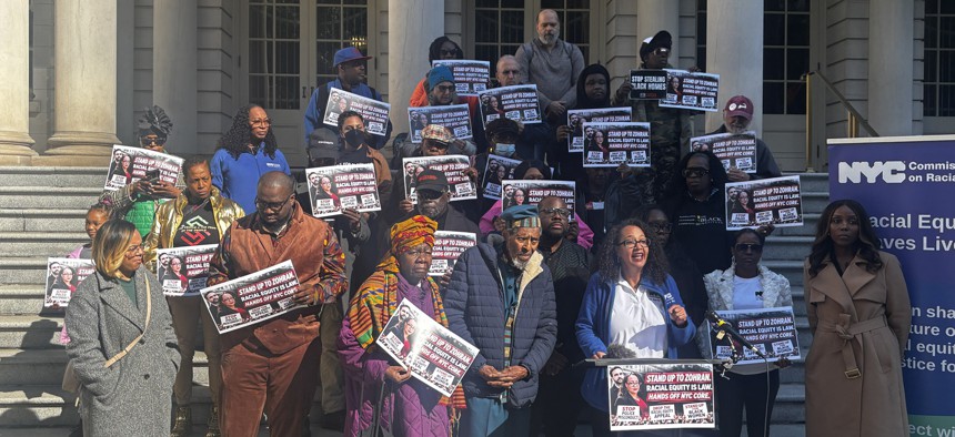 Linda Tigani and supporters rallied at New York City Hall on Oct. 28, 2026.