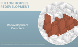 A slide shows the end result of the planned redevelopment of Fulton Houses, which will replace deteriorating NYCHA buildings and add new mixed-income housing.